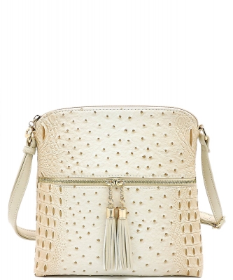 Ostrich Croc Zip Tassel Crossbody Bag OS062 BEIGE